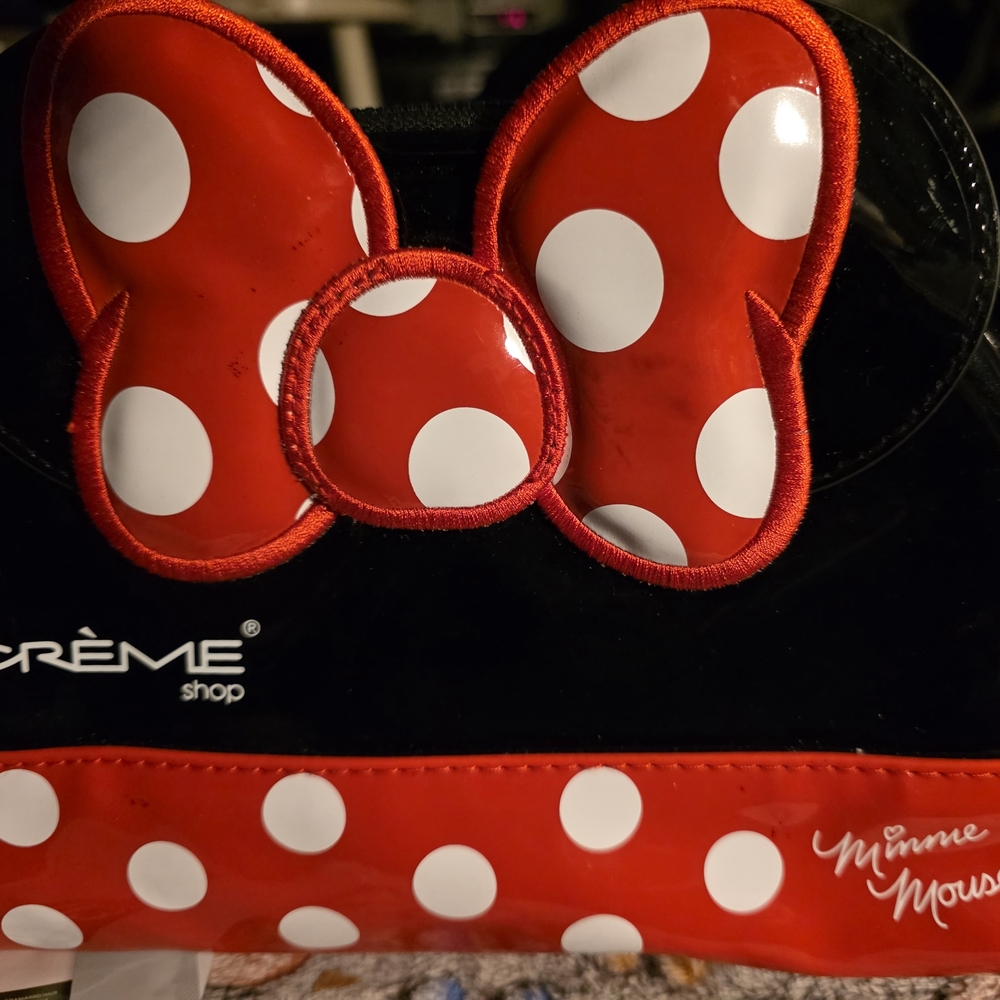 Minnie Mouse Polka Dot Cosmetic Bag Filled With Makeup And Hair Products